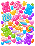 Candy Mix & Match artwork preview for an 8.5 x 11 inch sheet, with individual gummy bears, lollipops, hearts, stars, and sweets.