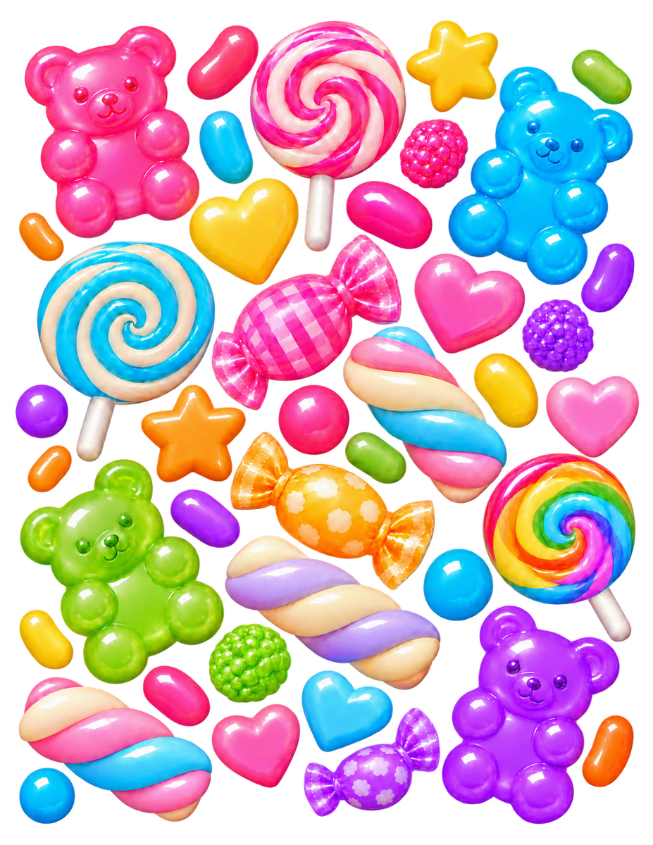 Candy Mix & Match artwork preview for an 8.5 x 11 inch sheet, with individual gummy bears, lollipops, hearts, stars, and sweets.