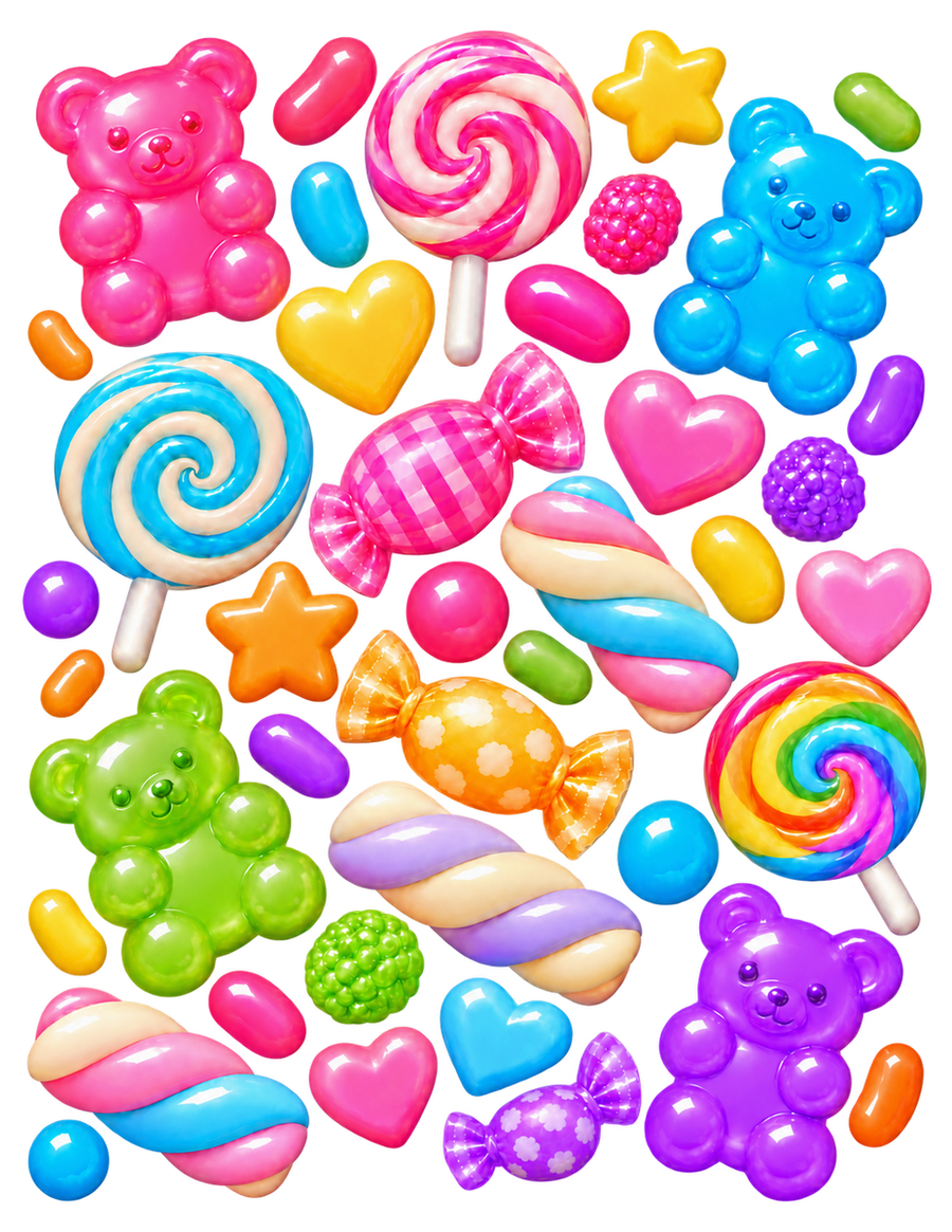 Candy Mix & Match artwork preview for an 8.5 x 11 inch sheet, with individual gummy bears, lollipops, hearts, stars, and sweets.