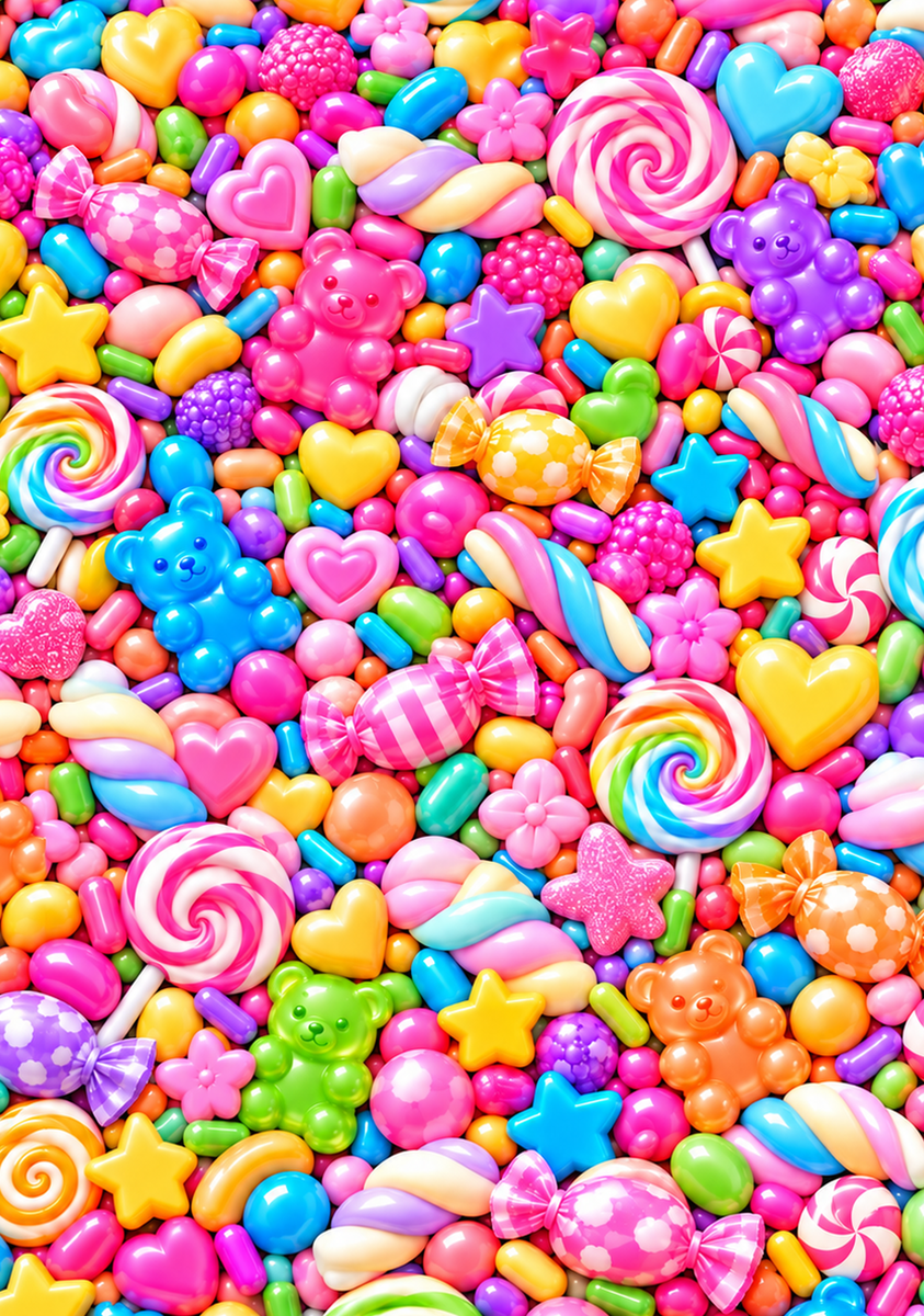Candy artwork preview for a 7.1 x 10.1 inch vinyl wrap: colorful gummy bears, lollipops, hearts, stars, and wrapped sweets.