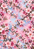 Pink and white cherry blossoms on branching stems against a soft pink and blue watercolor-style background for a 7.1 x 10.1 inch vinyl wrap.