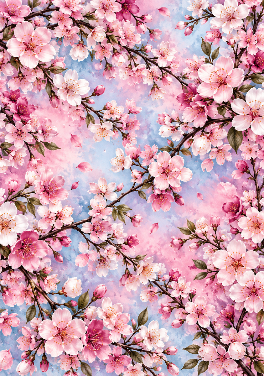 Pink and white cherry blossoms on branching stems against a soft pink and blue watercolor-style background for a 7.1 x 10.1 inch vinyl wrap.