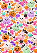 Smiling pastel kawaii ghosts, jack-o-lanterns, lollipops, candy corn and wrapped sweets on a white background for a 7.1 x 10.1 inch vinyl wrap.