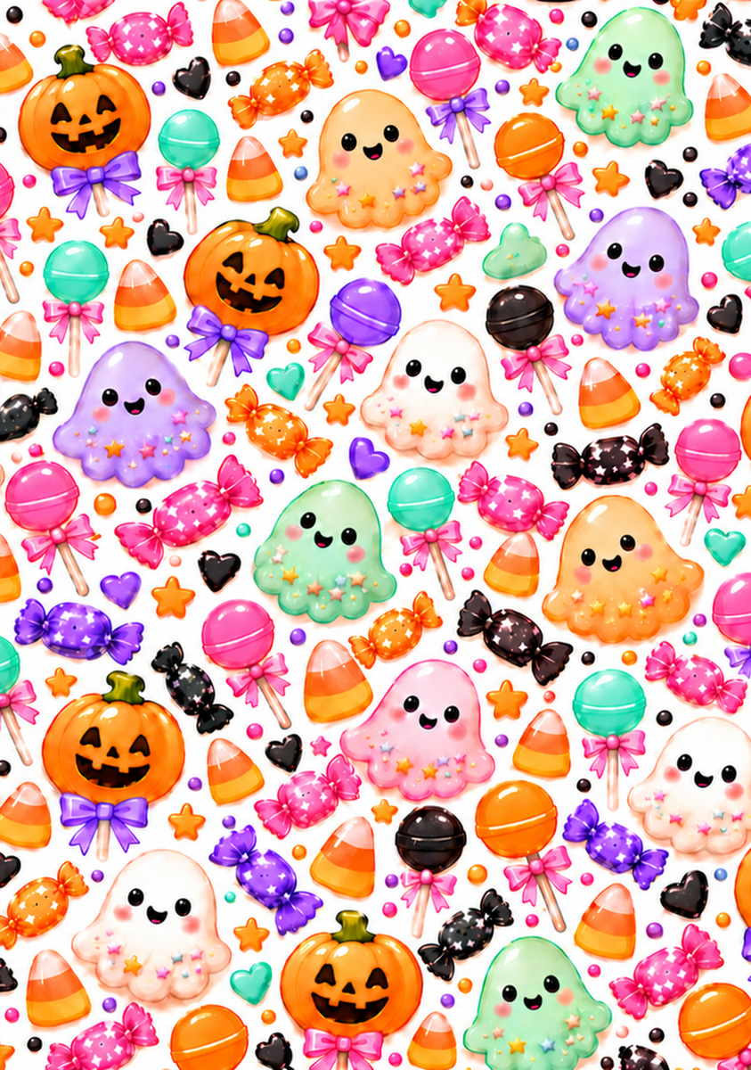 Smiling pastel kawaii ghosts, jack-o-lanterns, lollipops, candy corn and wrapped sweets on a white background for a 7.1 x 10.1 inch vinyl wrap.