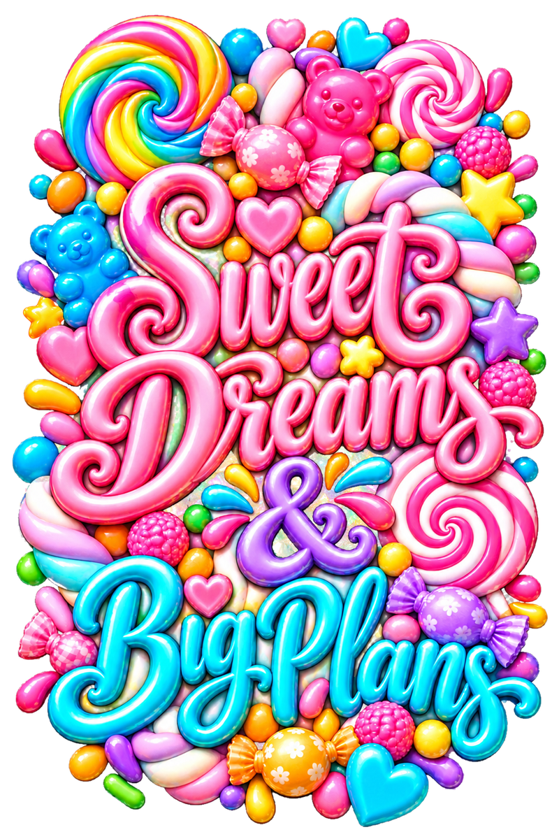 Sweet Dreams & Big Plans Cover Art, Large 5.5 x 8.25 inches: colorful lettering surrounded by candy motifs. Artwork preview.