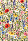 Colorful meadow wildflowers with red poppies, white daisies, pink blossoms, yellow flowers and blue floral stems on a 7.1 x 10.1 inch vinyl wrap.