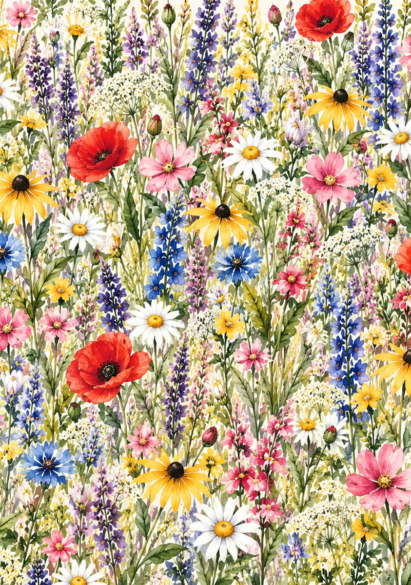 Colorful meadow wildflowers with red poppies, white daisies, pink blossoms, yellow flowers and blue floral stems on a 7.1 x 10.1 inch vinyl wrap.