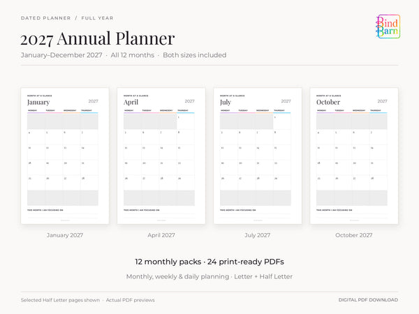 Bind Barn 2027 Annual Planner, showing actual January, April, July and October 2027 monthly calendar pages. The January through December bundle contains 12 monthly packs in both Letter and Half Letter, totaling 24 PDFs.