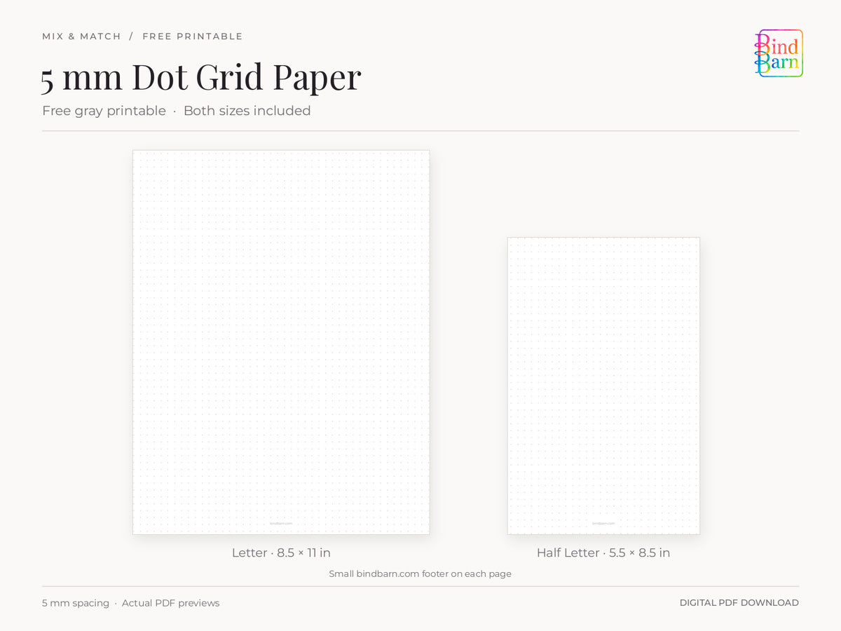 Free gray 5 mm dot grid paper by Bind Barn, showing complete actual Letter and Half Letter PDF pages at matching scale. The small bindbarn.com footer remains visible on both free pages.