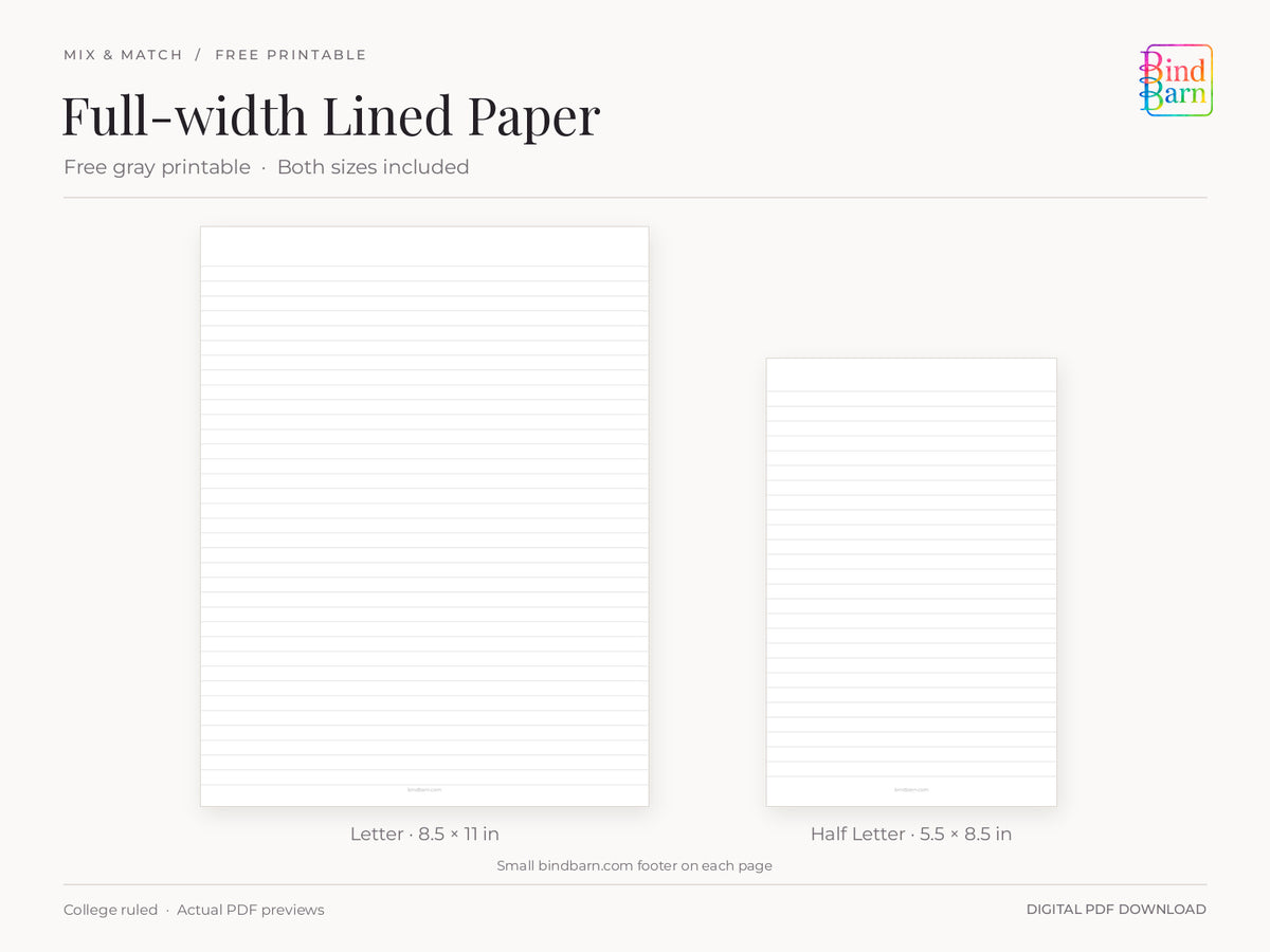 Free gray full-width lined paper by Bind Barn, showing complete actual Letter and Half Letter PDF pages at matching scale. The small bindbarn.com footer remains visible on both free pages.