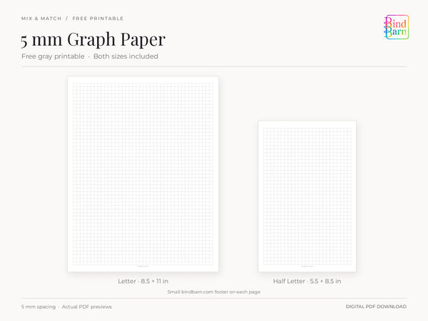 Free gray 5 mm graph paper by Bind Barn, showing complete actual Letter and Half Letter PDF pages at matching scale. The small bindbarn.com footer remains visible on both free pages.