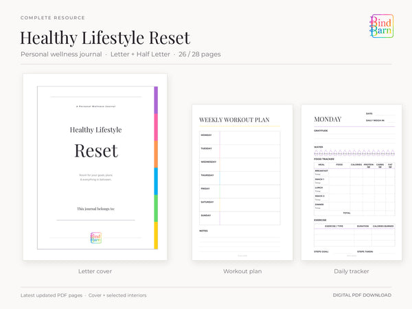 Healthy Lifestyle Reset personal wellness journal by Bind Barn, showing the actual Letter cover and updated Half Letter weekly workout plan and daily tracker with water tracking. Includes the 26-page Letter and 28-page Half Letter PDFs.