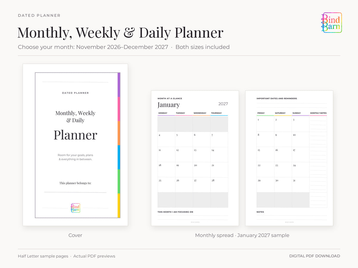 Bind Barn monthly printable planner cover and January 2027 sample monthly spread. Letter and Half Letter PDFs included.