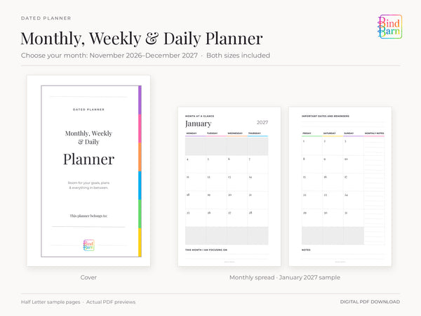 Bind Barn monthly printable planner cover and January 2027 sample monthly spread. Letter and Half Letter PDFs included.