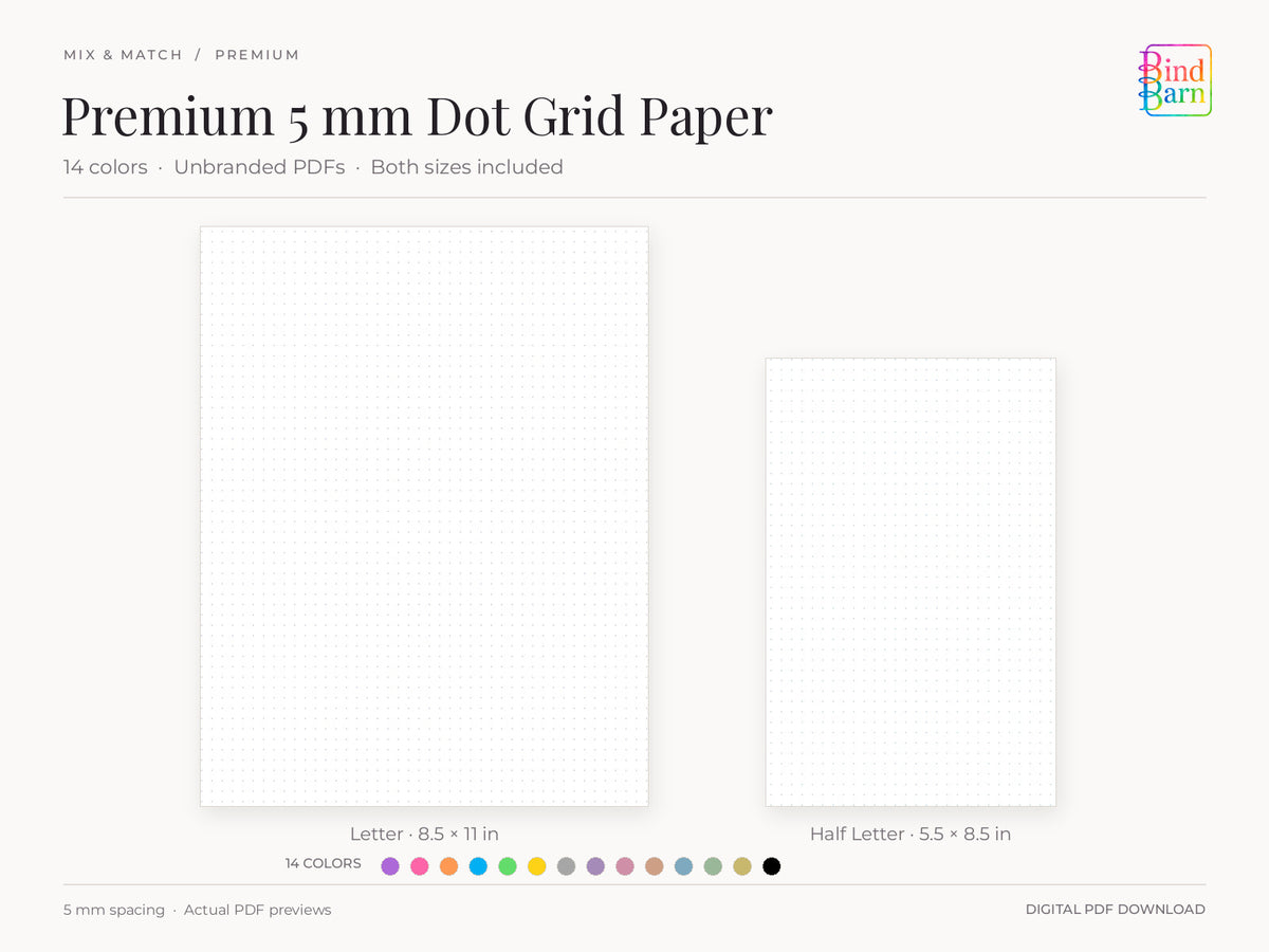 Premium 5 mm dot grid paper by Bind Barn, showing complete actual Letter and Half Letter PDF pages at matching scale. Dusty lavender and dusty blue samples with all 14 color swatches; premium pages have no branding.