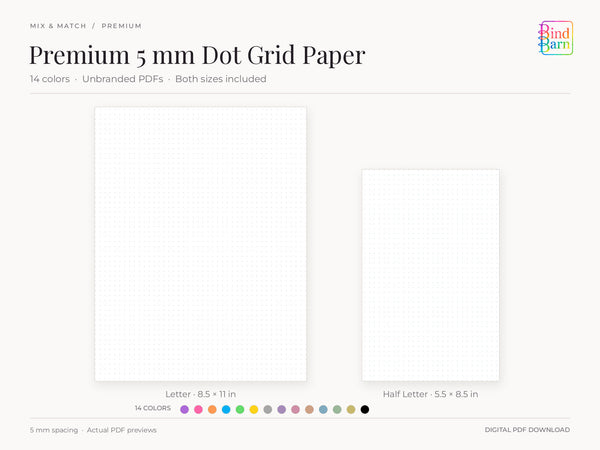 Premium 5 mm dot grid paper by Bind Barn, showing complete actual Letter and Half Letter PDF pages at matching scale. Dusty lavender and dusty blue samples with all 14 color swatches; premium pages have no branding.