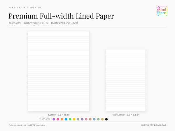 Premium full-width lined paper by Bind Barn, showing complete actual Letter and Half Letter PDF pages at matching scale. Dusty lavender and dusty blue samples with all 14 color swatches; premium pages have no branding.