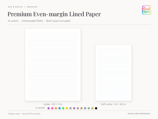 Premium even-margin lined paper by Bind Barn, showing complete actual Letter and Half Letter PDF pages at matching scale. Dusty lavender and dusty blue samples with all 14 color swatches; premium pages have no branding.
