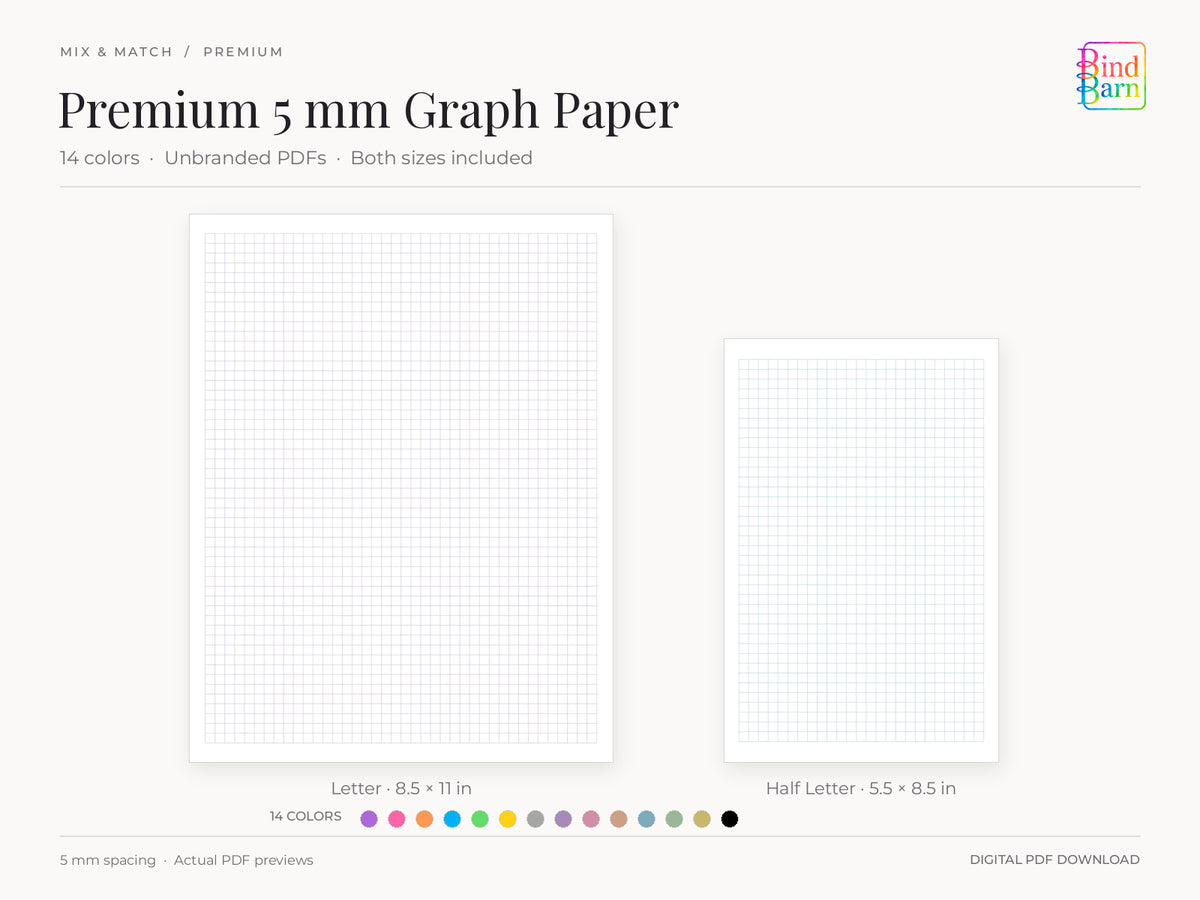 Premium 5 mm graph paper by Bind Barn, showing complete actual Letter and Half Letter PDF pages at matching scale. Dusty lavender and dusty blue samples with all 14 color swatches; premium pages have no branding.