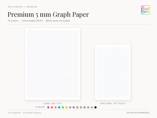 Premium 5 mm graph paper by Bind Barn, showing complete actual Letter and Half Letter PDF pages at matching scale. Dusty lavender and dusty blue samples with all 14 color swatches; premium pages have no branding.