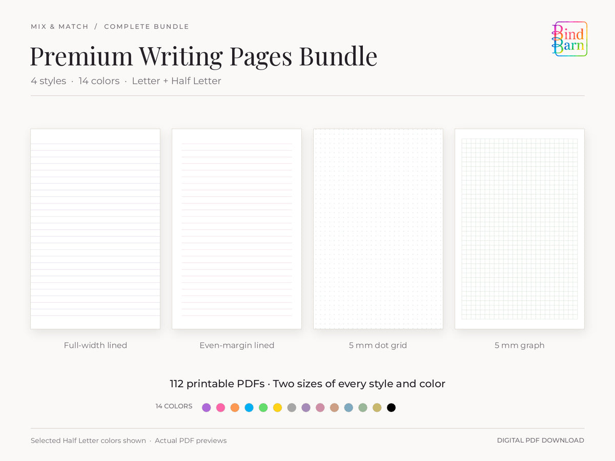 Bind Barn Premium Writing Pages Bundle, showing unbranded full-width lined, even-margin lined, dot grid and graph pages in four muted colors, plus 14 color swatches. Includes all four styles in Letter and Half Letter.