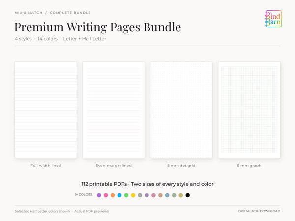 Bind Barn Premium Writing Pages Bundle, showing unbranded full-width lined, even-margin lined, dot grid and graph pages in four muted colors, plus 14 color swatches. Includes all four styles in Letter and Half Letter.
